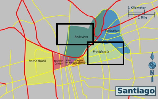 Regiões para ficar em Santiago - Mapa