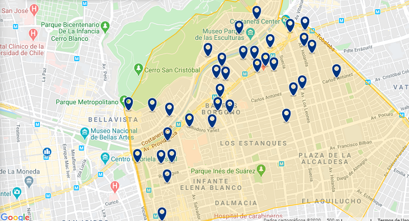 Mapa da melhor região para ficar em Santiago do Chile: Providencia