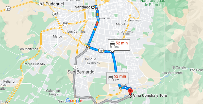 De Santiago até a vinícola Concha y Toro - Mapa