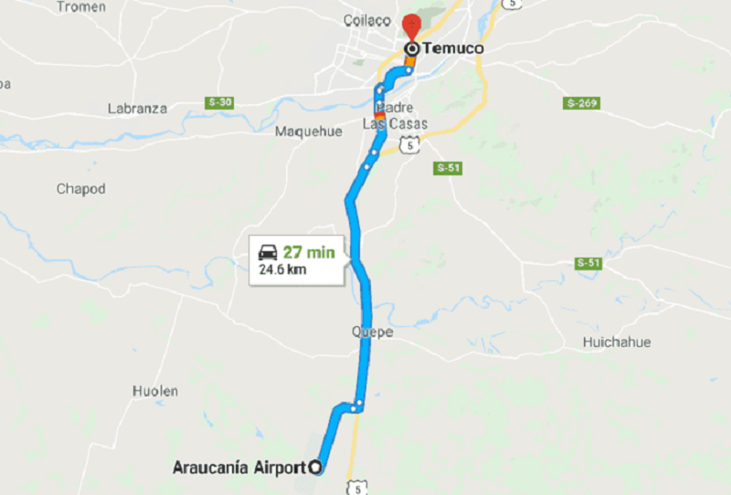 Como ir do aeroporto de Temuco até o centro turístico - Mapa