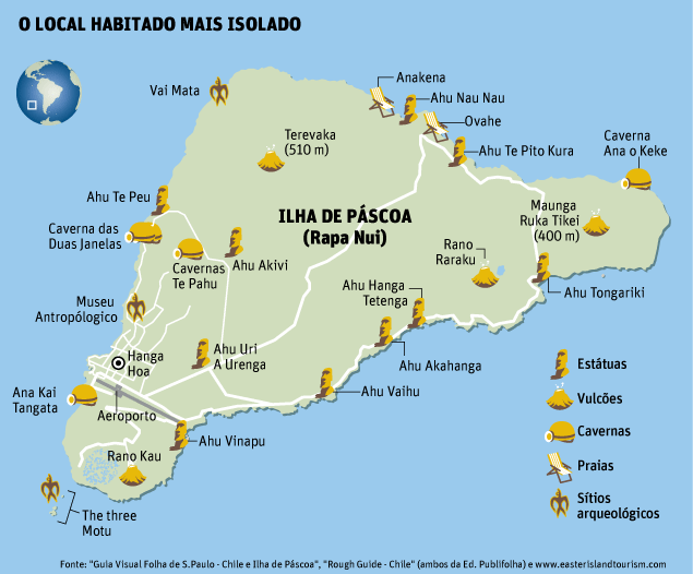 Mapa de onde ficam os moais na Ilha de Páscoa