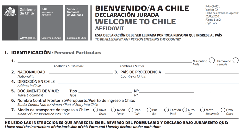 Formulário de chegada ao Chile