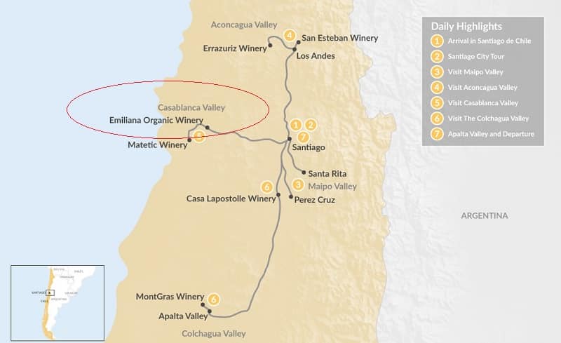 Mapa da vinícola Emiliana no Chile