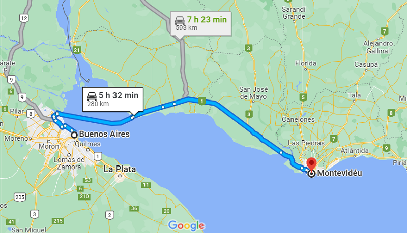 Mapa de uma viagem de carro de Buenos Aires para Montevidéu
