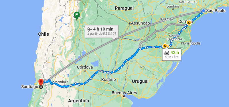 Viagem de carro de São Paulo para Santiago - Mapa