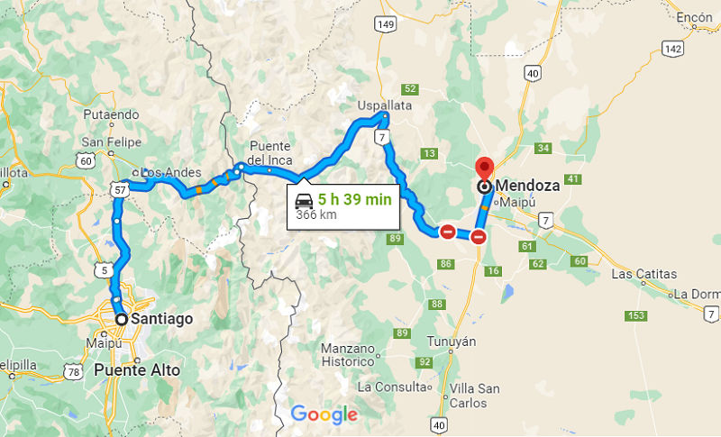De carro de Santiago para Mendoza - Mapa