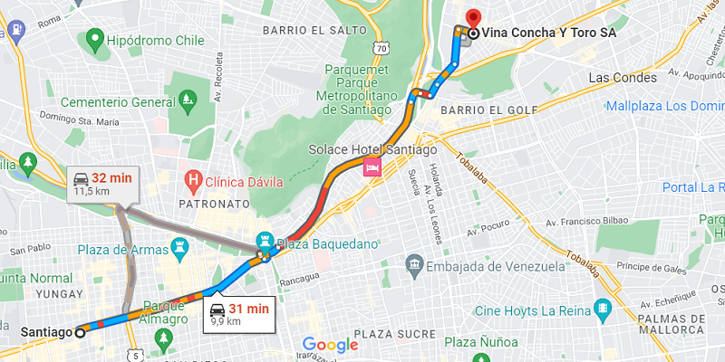 Mapa - Viagem de carro de Santiago até a vinícola Concha y Toro