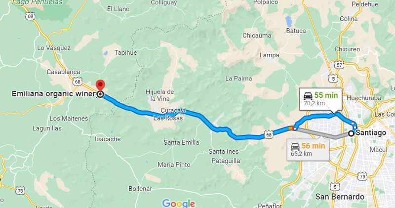 De Santiago até a vinícola Emiliana - Mapa