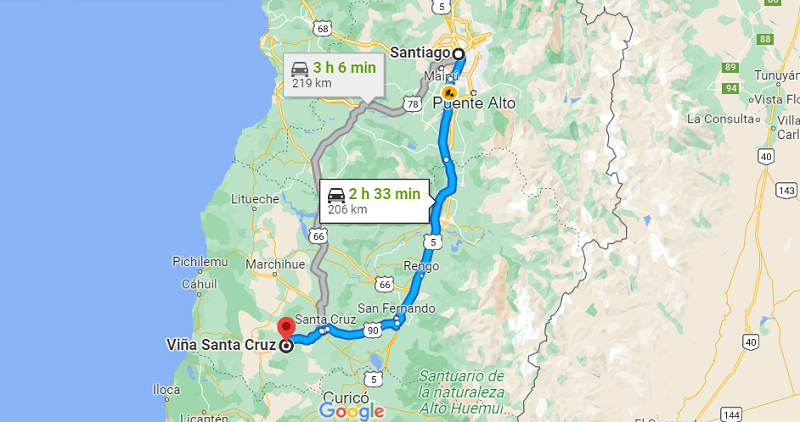 Mapa - Carro de Santiago até a vinícola Santa Cruz