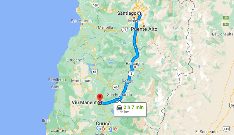 Mapa - De Santiago até a vinícola Viu Manent