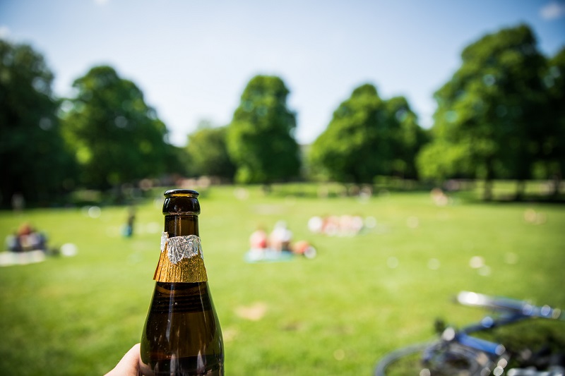 Pessoa segurando uma cerveja em parque público