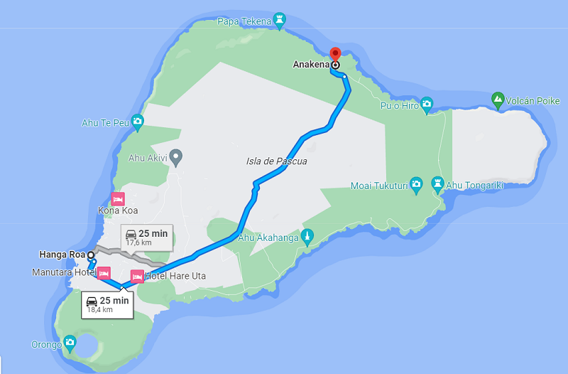 Mapa de Hanga Roa até a praia Anakena na Ilha de Páscoa