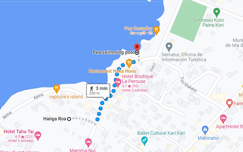 Mapa de Hanga Roa até a praia Pea na Ilha de Páscoa