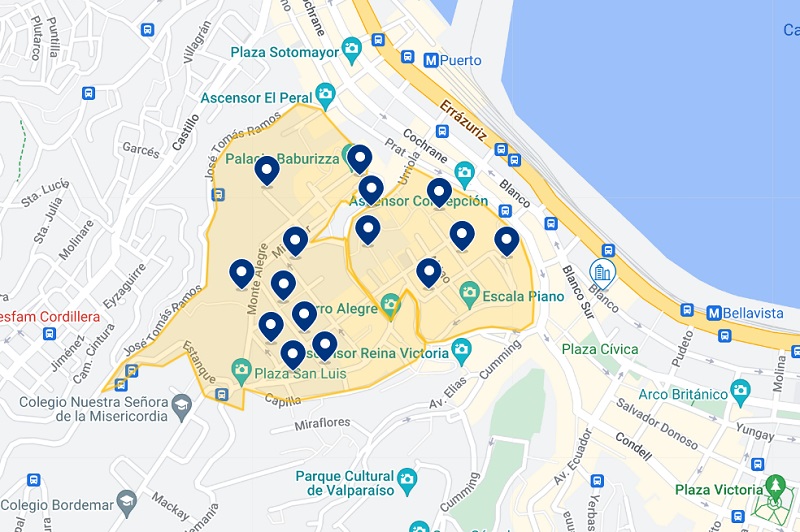 Mapa dos hotéis nos Cerros Alegre e Concepción em Valparaíso