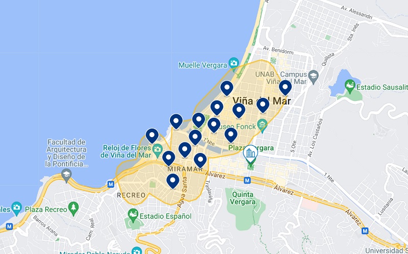 Mapa dos melhores hotéis em Viña del Mar
