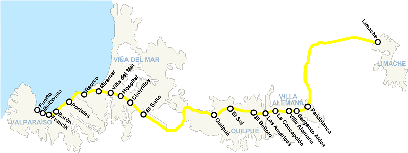Mapa das paradas do metrô em Viña del Mar