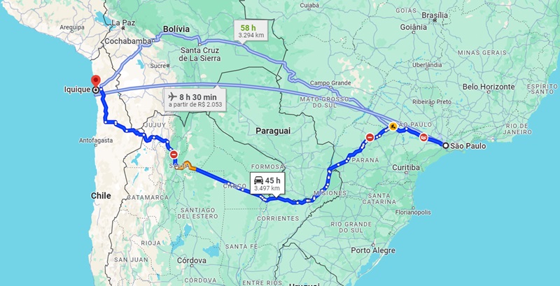 Mapa da viagem de São Paulo a Iquique
